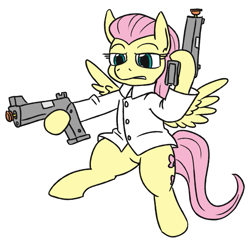 Size: 729x706 | Tagged: safe, artist:jargon scott, derpibooru import, fluttershy, pegasus, pony, badass, clothes, crossover, equilibrium (film), female, flutterbadass, gun, gun kata, handgun, hoof hold, mare, pistol, simple background, solo, weapon, white background