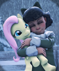 Size: 1872x2250 | Tagged: safe, artist:amfixer, fluttershy, human, pony, 3d, child, cross-eyed, cuddling, cute, eyes closed, gmod, grin, holding a pony, hug, nuzzling, olivia mann, shyabetes, smiling, snow, snowfall, snuggling, squee, team fortress 2, weapons-grade cute