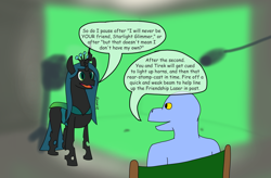 Size: 1728x1137 | Tagged: safe, artist:dzamie, queen chrysalis, oc, changeling, changeling queen, a better ending for chrysalis, animated actors, behind the scenes, boom mic, colored, digital art, duo, female, green screen, kobold, male, microphone