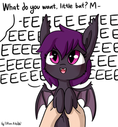 Size: 1078x1167 | Tagged: safe, artist:dsp2003, artist:tjpones, part of a series, part of a set, oc, oc only, bat pony, human, pony, collaboration, blushing, bust, cute, diabetes, dialogue, dsp2003 is trying to murder us, eeee, fangs, female, fluffy, holding a pony, looking up, ocbetes, offscreen character, open mouth, screech, simple background, smiling, spread wings, tjpones is trying to murder us, what do you want, white background