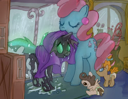 Size: 2000x1540 | Tagged: safe, artist:mandumustbasukanemen, cup cake, pound cake, pumpkin cake, changeling, earth pony, pegasus, pony, unicorn, foal, green changeling, rain, towel, wet