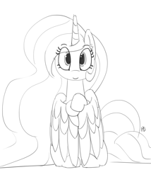 Size: 1280x1492 | Tagged: safe, artist:pabbley, princess celestia, alicorn, pony, black and white, c:, cute, cutelestia, grayscale, looking at you, monochrome, simple background, sitting, smiling, solo, spread wings, white background, wing hands