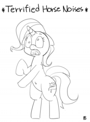 Size: 1000x1357 | Tagged: safe, artist:pabbley, trixie, pony, unicorn, animated, belly button, bipedal, black and white, derp, descriptive noise, gif, grayscale, horse noises, meme, monochrome, open mouth, panic, screaming, simple background, solo, white background, wide eyes