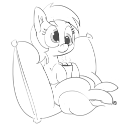 Size: 1280x1296 | Tagged: safe, artist:pabbley, derpy hooves, pegasus, pony, chocolate, female, food, hot chocolate, mare, monochrome, mug, pillow, simple background, sitting, solo, white background