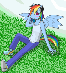 Size: 800x880 | Tagged: safe, artist:galdyearth, rainbow dash, anthro, headphones, pixiv, solo