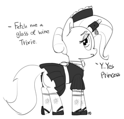 Size: 1280x1227 | Tagged: safe, artist:pabbley, trixie, pony, unicorn, alternate hairstyle, bowtie, clothes, dialogue, dress, female, frown, grayscale, horn ring, implied princess celestia, lidded eyes, looking back, magic suppression, maid, monochrome, offscreen character, padlock, plot, punishment, sad, shoes, simple background, socks, solo, white background