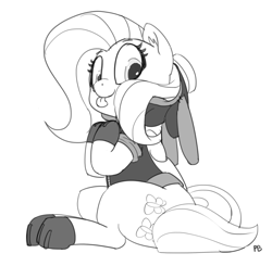 Size: 1280x1255 | Tagged: safe, artist:pabbley, fluttershy, pegasus, pony, bunny ears, clothes, costume, cute, dangerous mission outfit, female, goggles, hoodie, looking at you, mare, monochrome, simple background, sitting, smiling, solo, tongue out, white background