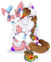 Size: 1920x2328 | Tagged: safe, artist:pvrii, derpibooru import, oc, oc:splatterpaw, pegasus, pony, eeveelution, female, hug, mare, pokémon, simple background, solo, sylveon, transparent background