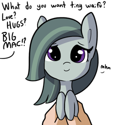 Size: 1080x1080 | Tagged: safe, artist:tjpones, part of a series, part of a set, marble pie, earth pony, pony, cute, daaaaaaaaaaaw, hand, holding a pony, implied big macintosh, implied marblemac, looking at you, marblebetes, mhm, offscreen character, pov, simple background, smiling, solo focus, tiny ponies, tjpones is trying to murder us, weapons-grade cute, what do you want, white background