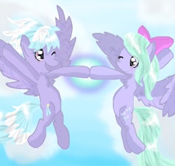 Size: 917x871 | Tagged: safe, artist:chanceyb, cloudchaser, flitter, flying, hoofbump, sisters