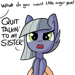Size: 1080x1080 | Tagged: safe, artist:tjpones, part of a series, part of a set, limestone pie, earth pony, pony, angry, cute, frown, glare, holding a pony, looking at you, offscreen character, open mouth, pov, simple background, what do you want, white background
