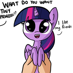Size: 1080x1080 | Tagged: safe, artist:tjpones, part of a series, part of a set, twilight sparkle, twilight sparkle (alicorn), alicorn, pony, cute, dialogue, hand, holding a pony, looking at you, offscreen character, open mouth, princess of friendship, simple background, tiny ponies, tjpones is trying to murder us, twiabetes, what do you want, white background