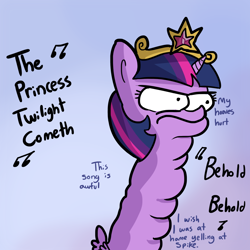 Size: 1280x1280 | Tagged: safe, artist:tjpones, twilight sparkle, twilight sparkle (alicorn), alicorn, pony, angry, bust, coronation, dialogue, element of magic, frown, glare, gradient background, inner thoughts, long neck, majestic as fuck, multichin, music notes, portrait, solo, spread wings, twibitch sparkle, wat