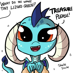 Size: 1815x1815 | Tagged: safe, artist:tjpones, part of a series, part of a set, princess ember, dragon, gauntlet of fire, bust, cute, dialogue, emberbetes, female, hand, looking at you, offscreen character, open mouth, puppy dog eyes, shaking, simple background, smiling, tjpones is trying to murder us, what do you want, white background