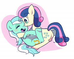 Size: 2738x2166 | Tagged: safe, artist:osaru_onsen, derpibooru import, bon bon, lyra heartstrings, sweetie drops, earth pony, pony, unicorn, adorabon, blushing, cute, eyes closed, female, heart, lesbian, lyrabetes, lyrabon, mare, open mouth, pixiv, shipping