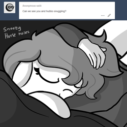 Size: 1440x1440 | Tagged: safe, artist:tjpones, oc, oc only, oc:brownie bun, oc:richard, earth pony, human, pony, horse wife, ask, cute, descriptive noise, eyes closed, female, floppy ears, grayscale, horse noises, human male, male, mare, meme, monochrome, sleeping, smiling, snuggling, tjpones is trying to murder us, tumblr