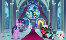 Size: 1234x766 | Tagged: safe, artist:swiftgaiathebrony, artist:zutheskunk edits, cozy glow, lord tirek, princess celestia, princess luna, queen chrysalis, twilight sparkle, alicorn, changeling, changeling queen, pegasus, pony, a better ending for chrysalis, a better ending for cozy, a better ending for tirek, age regression, baby, castle, cozybetes, cute, cutealis, foal, tirebetes