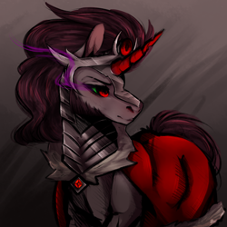 Size: 1800x1800 | Tagged: safe, artist:0whitewolf0o0, derpibooru import, king sombra, pony, unicorn, cape, clothes, jewelry, male, miasma, red horn, solo, sombra eyes, stallion