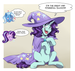 Size: 1258x1191 | Tagged: safe, artist:hazurasinner, derpibooru import, starlight glimmer, trixie, oc, oc:illusion, pony, unicorn, cape, clothes, colt, commission, female, hat, heart, lesbian, magical lesbian spawn, male, mare, mother and child, mother and son, offspring, parent and child, parent:starlight glimmer, parent:trixie, parents:startrix, shipping, startrix, trixie's cape, trixie's hat