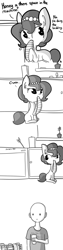 Size: 998x3992 | Tagged: safe, artist:tjpones, oc, oc only, oc:brownie bun, oc:richard, earth pony, human, pony, horse wife, arrow, cheek fluff, clothes, comic, dialogue, dishwasher, ear fluff, female, grayscale, human male, male, mare, monochrome, mouth hold, simple background, socks, striped socks, this will end in fire, white background