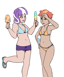 Size: 2500x3000 | Tagged: safe, artist:rainbowsprinklesart, twilight velvet, windy whistles, human, beach ball, belly button, bikini, breasts, cleavage, clothes, female, food, humanized, milf, popsicle, smiling, swimsuit