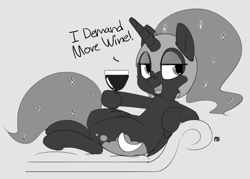Size: 1280x916 | Tagged: safe, artist:pabbley, nightmare moon, alcohol, dialogue, fangs, hoof hold, lidded eyes, looking at you, monochrome, on back, open mouth, simple background, smiling, sofa, solo, wine, wine glass