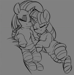 Size: 1280x1298 | Tagged: safe, artist:yoditax, rarity, twilight sparkle, pony, unicorn, clothes, female, lesbian, monochrome, rarilight, shipping, simple background, sleeping, snuggling, socks, striped socks, sweater, thigh highs