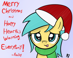 Size: 1280x1024 | Tagged: safe, artist:datahmedz, sunshower raindrops, pony, ask, christmas, clothes, cute, hat, holiday, raindropsanswers, santa hat, scarf, solo, tongue out, tumblr