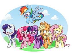 Size: 1841x1349 | Tagged: safe, artist:lou, derpibooru import, applejack, fluttershy, pinkie pie, rainbow dash, rarity, twilight sparkle, twilight sparkle (alicorn), alicorn, earth pony, pegasus, pony, unicorn, :p, blushing, cloud, end of ponies, female, flying, group, mane six, mare, open mouth, signature, sky, tongue out