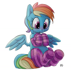 Size: 1280x1324 | Tagged: safe, artist:pabbley, artist:peculiar9, rainbow dash, pegasus, pony, collaboration, clothes, colored, cute, dashabetes, female, looking down, mare, simple background, sitting, socks, solo, spread wings, striped socks, underhoof, white background