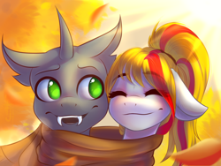 Size: 1600x1200 | Tagged: safe, artist:falafeljake, derpibooru import, oc, changeling, pony, autumn, bust, changeling oc, clothes, cute, eyes closed, fanfic art, fangs, scarf, shared clothing, shared scarf, smiling, ych result