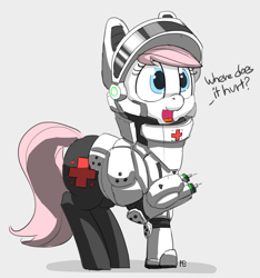 Size: 1280x1368 | Tagged: safe, artist:pabbley, nurse redheart, earth pony, pony, armor, crossover, gray background, medic, needle, simple background, solo, starcraft, syringe