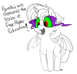 Size: 1280x1236 | Tagged: safe, artist:pabbley, twilight sparkle, twilight sparkle (alicorn), alicorn, bat pony, bat pony alicorn, pony, alternate hairstyle, bat ponified, corrupted, corrupted twilight sparkle, dark magic, economics, economics in the comments, evil, evil grin, fangs, female, grayscale, grin, magic, mare, monochrome, neo noir, open mouth, partial color, punklight sparkle, pure unfiltered evil, race swap, smiling, solo, sombra eyes