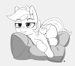 Size: 1280x1120 | Tagged: safe, artist:pabbley, rainbow dash, pegasus, pony, frown, lidded eyes, looking at you, monochrome, pillow, prone, solo, unamused