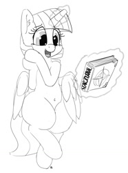 Size: 1280x1721 | Tagged: safe, artist:pabbley, twilight sparkle, twilight sparkle (alicorn), alicorn, pony, belly button, bipedal, book, bookhorse, cute, magic, monochrome, open mouth, simple background, solo, telekinesis, that pony sure does love books, thighlight sparkle, thunder thighs, twiabetes, white background