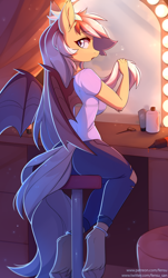 Size: 1812x3000 | Tagged: safe, artist:fensu-san, derpibooru import, oc, oc:silver veil, anthro, bat pony, unguligrade anthro, anklet, bat pony oc, bracelet, clothes, female, hair dye, horns, jewelry, long hair, mirror, solo, unshorn fetlocks, wings