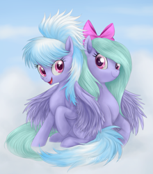 Size: 881x1000 | Tagged: safe, artist:mn27, cloudchaser, flitter, pegasus, pony, bow, female, hair bow, looking at you, mare, open mouth, sitting, smiling