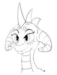 Size: 1280x1658 | Tagged: safe, artist:pabbley, princess ember, dragon, bust, dragoness, fangs, female, horns, monochrome, portrait, simple background, smiling, solo, white background