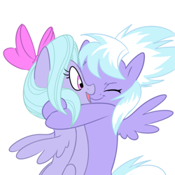 Size: 500x500 | Tagged: safe, artist:hajuya, cloudchaser, flitter, pegasus, pony, cute, cutechaser, eyes closed, flitterbetes, hug, open mouth, simple background, smiling, spread wings