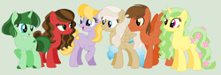 Size: 1317x448 | Tagged: safe, artist:princess-madeleine, oc, oc only, oc:autumn spice, oc:bluebell breeze, oc:cheershine, oc:chili snap, oc:spearmint, oc:woodland spring, earth pony, pegasus, pony, unicorn, friends, friendship, group, group photo, group shot, ms paint, simple background, smiling