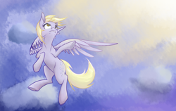 Size: 2374x1500 | Tagged: safe, artist:fanch1, derpy hooves, pegasus, pony, cloud, derp, female, flying, looking up, mare, sky, solo, spread wings, underhoof, windswept mane