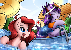 Size: 1330x940 | Tagged: safe, artist:secret-pony, oc, oc only, oc:iridescent, oc:seabreeze, blue eyes, female, goggles, inner tube, pouting, purple mane, red mane, swimming, swimming pool, tsundere, water, water slide