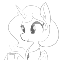 Size: 792x792 | Tagged: safe, artist:tjpones, princess celestia, alicorn, pony, alternate hairstyle, cup, cute, cutelestia, drink, grayscale, hoof hold, monochrome, mug, short hair, simple background, sketch, smiling, solo, steam, white background