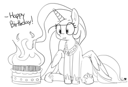 Size: 1280x874 | Tagged: safe, artist:pabbley, princess celestia, alicorn, pony, :t, birthday, cake, cakelestia, candle, cute, dialogue, fire, food, grayscale, immortality blues, monochrome, simple background, sitting, solo, white background