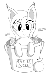 Size: 589x900 | Tagged: safe, artist:negasun, applejack, bat pony, earth pony, pony, apple, bat bucket, bucket, food, grayscale, monochrome, russian, sketch, solo