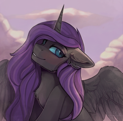 Size: 1600x1580 | Tagged: safe, artist:ritter, derpibooru import, oc, oc only, oc:nyx, alicorn, pony, beautiful, blushing, chest fluff, ear fluff, feather, female, nightmare eyes, older, sky, solo, spread wings, wings