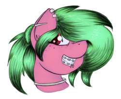 Size: 1280x1042 | Tagged: safe, artist:marsminer, oc, oc only, oc:minty spots, braces, bust, choker, ear piercing, freckles, lip piercing, piercing, portrait, simple background, smiling, solo, white background