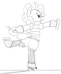 Size: 1280x1554 | Tagged: safe, artist:pabbley, pinkie pie, earth pony, pony, balancing, balloonbutt, bottomless, butt, clothes, dock, female, ice skates, ice skating, jacket, looking back, mare, monochrome, open mouth, plot, simple background, smiling, socks, solo, standing, standing on one leg, white background