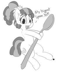 Size: 1280x1573 | Tagged: safe, artist:pabbley, plaid stripes, dialogue, monochrome, open mouth, simple background, solo, spoon, white background