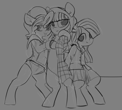 Size: 1280x1155 | Tagged: safe, artist:yoditax, marble pie, maud pie, pinkie pie, pony, bipedal, clothes, flannel, grunge, monochrome, shorts, sketch, skirt, tongue out